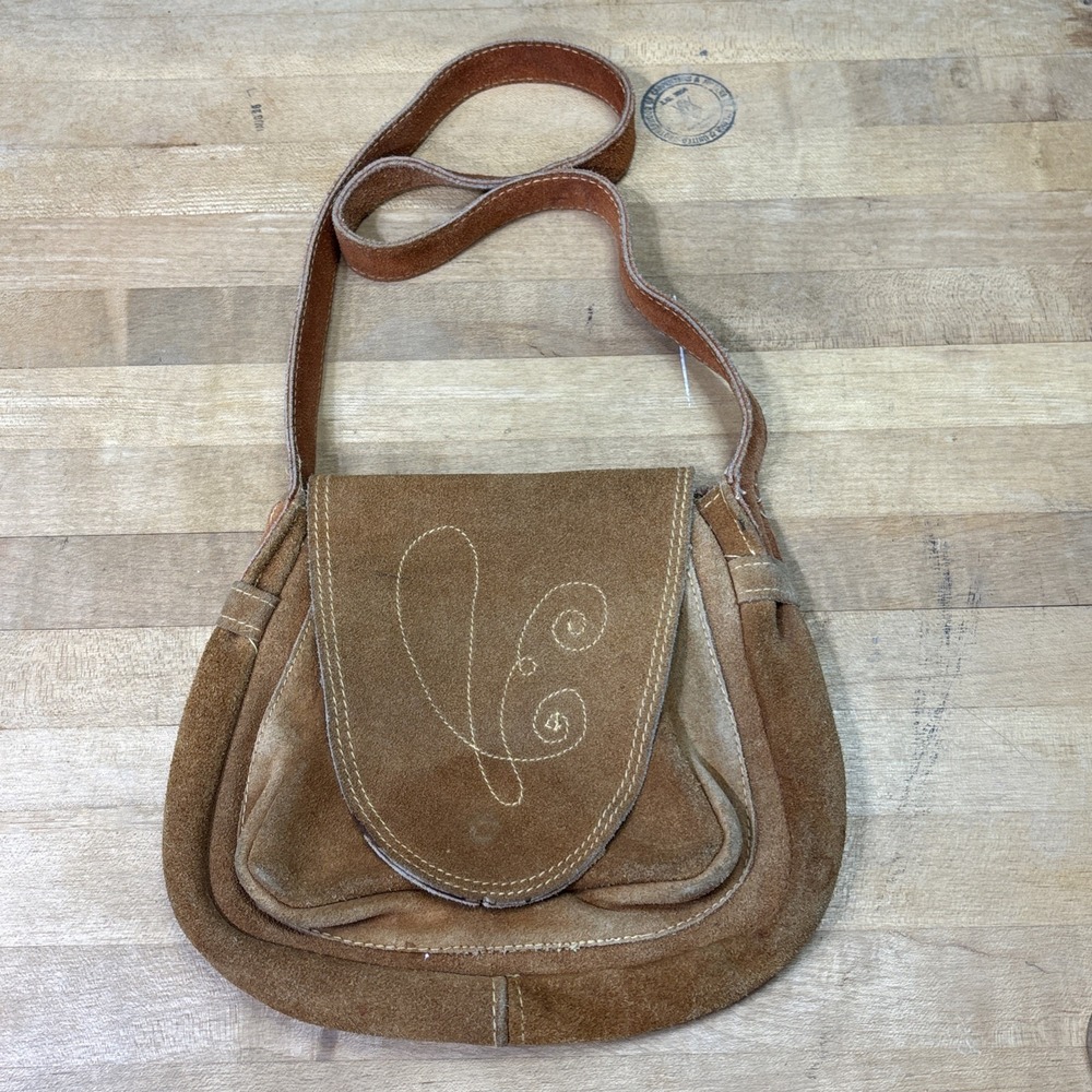 Vintage 1970s Hong Kong Genuine Leather Suede Shoulder Bag Boho Hippie Purse